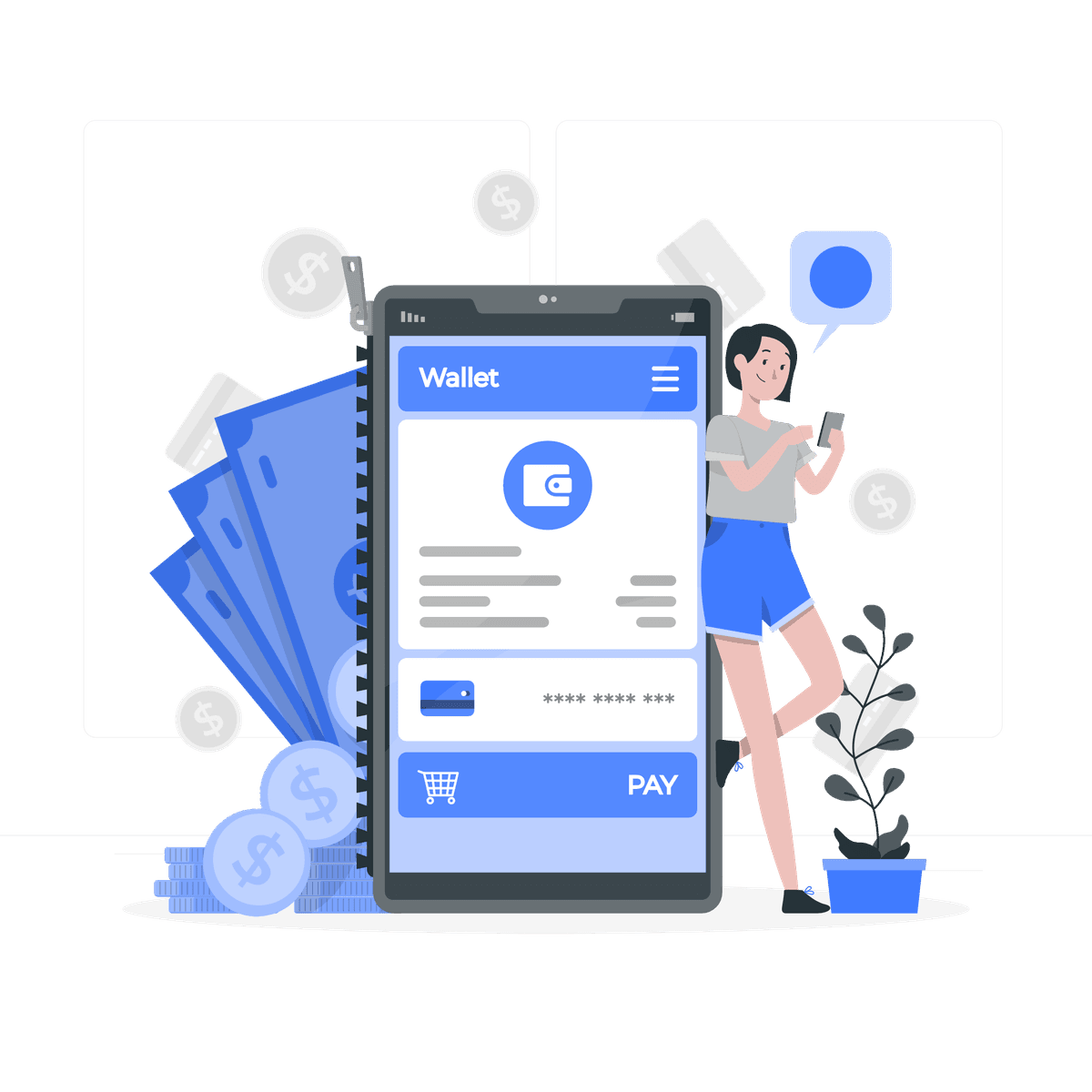 Digital banking illustration showing mobile banking and financial services